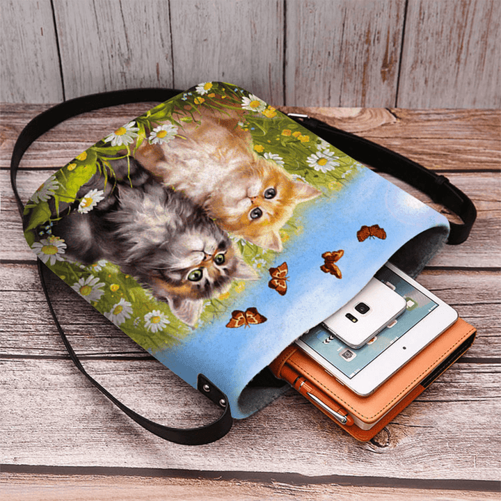 Women Felt Country Style Cartoon Cats Print Personality Crossbody Bag Shoulder Bag - MRSLM