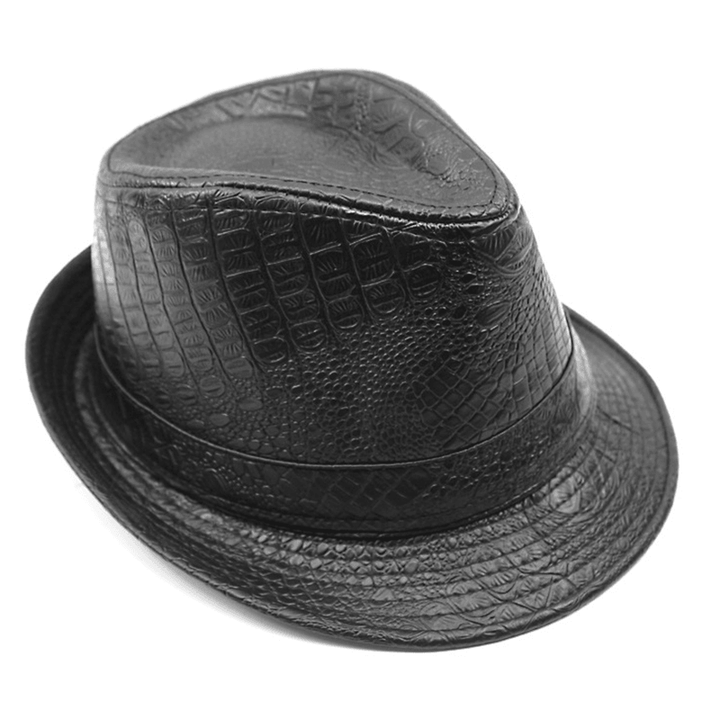 Mens PU Leather Crocodile Pattern Jazz Hat Outdoor Middle-Aged Wide Brimmed Fedora Hats - MRSLM