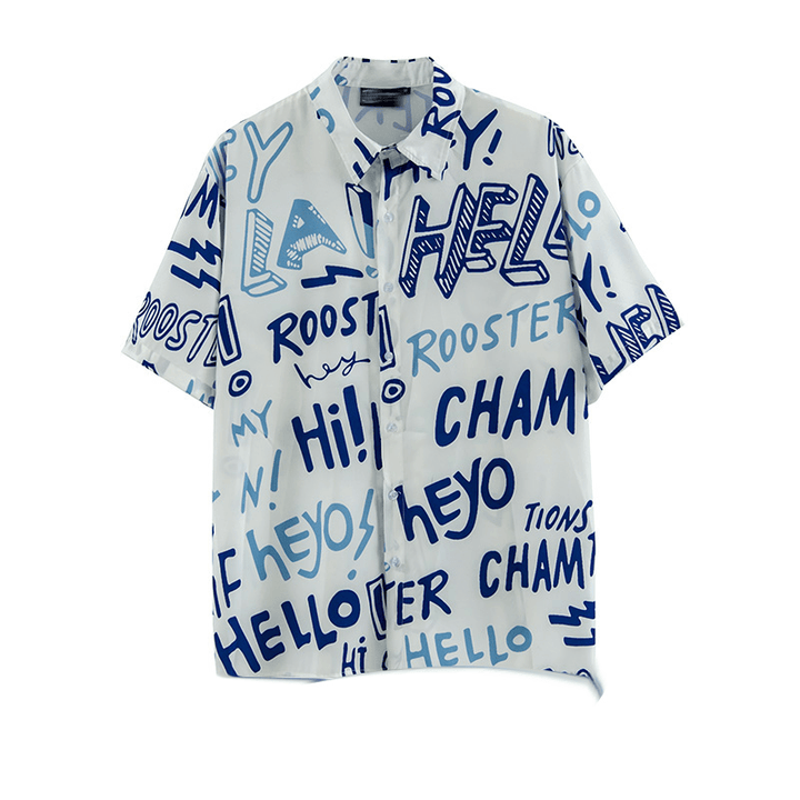 American Street Letter Doodle Flower Shirt Men'S Short Sleeve - MRSLM