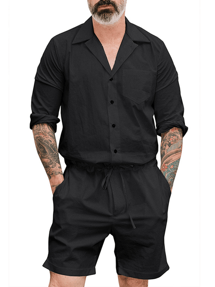 Men Solid Color Drawstring Short Jumpsuit Pants - MRSLM