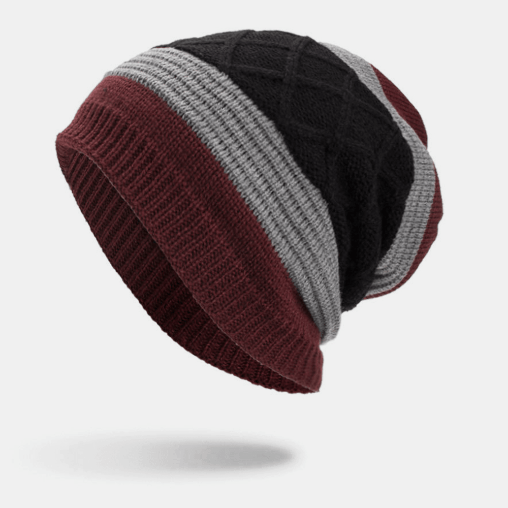 Men Winter plus Velvet Striped and Diamonds Pattern Outdoor Knitted Warm Beanie Hat - MRSLM