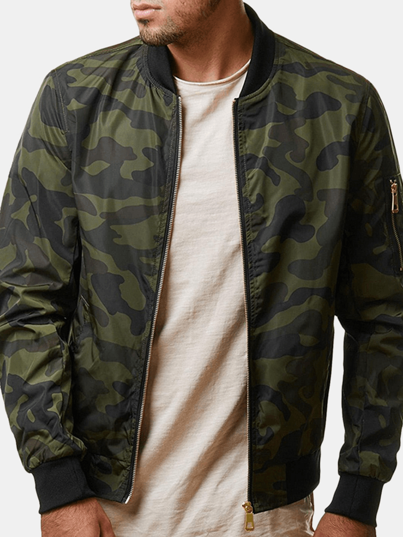 Mens Military Camouflage plus Size Arm Zipper Pocket Casual Jacket - MRSLM