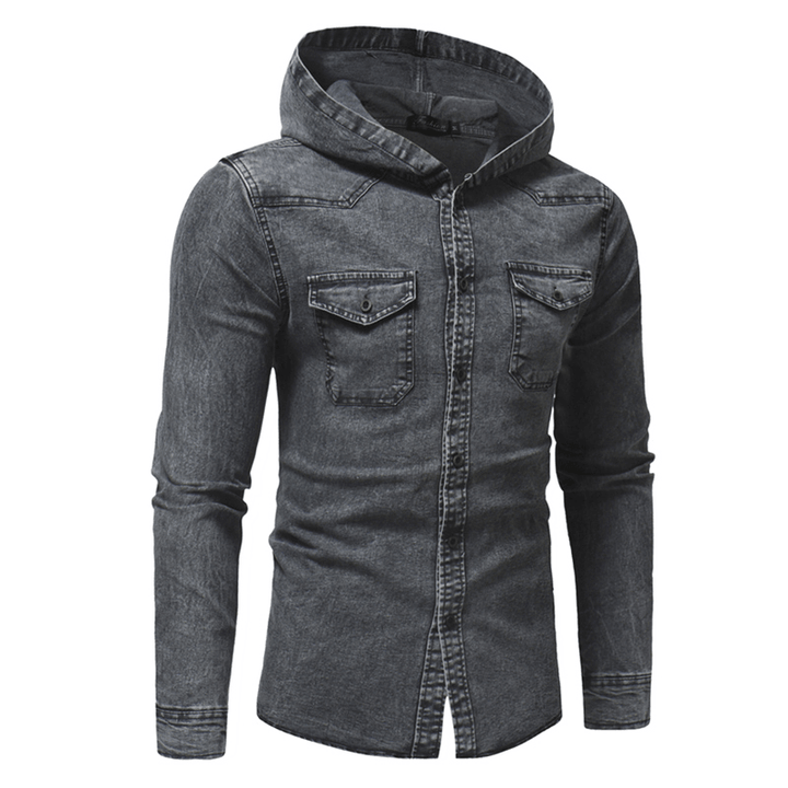 Mens Denim Chest Pocket Cotton Casual Hooded Shirt Jacket - MRSLM