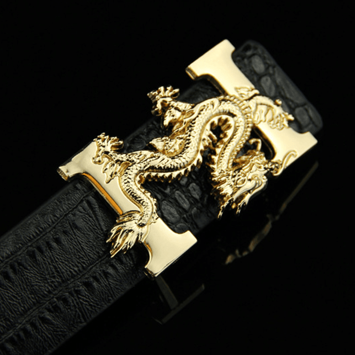 Men Faux Leather 135Cm Fashion Personality Alligator Pattern Gold Dragon Decor Belt - MRSLM