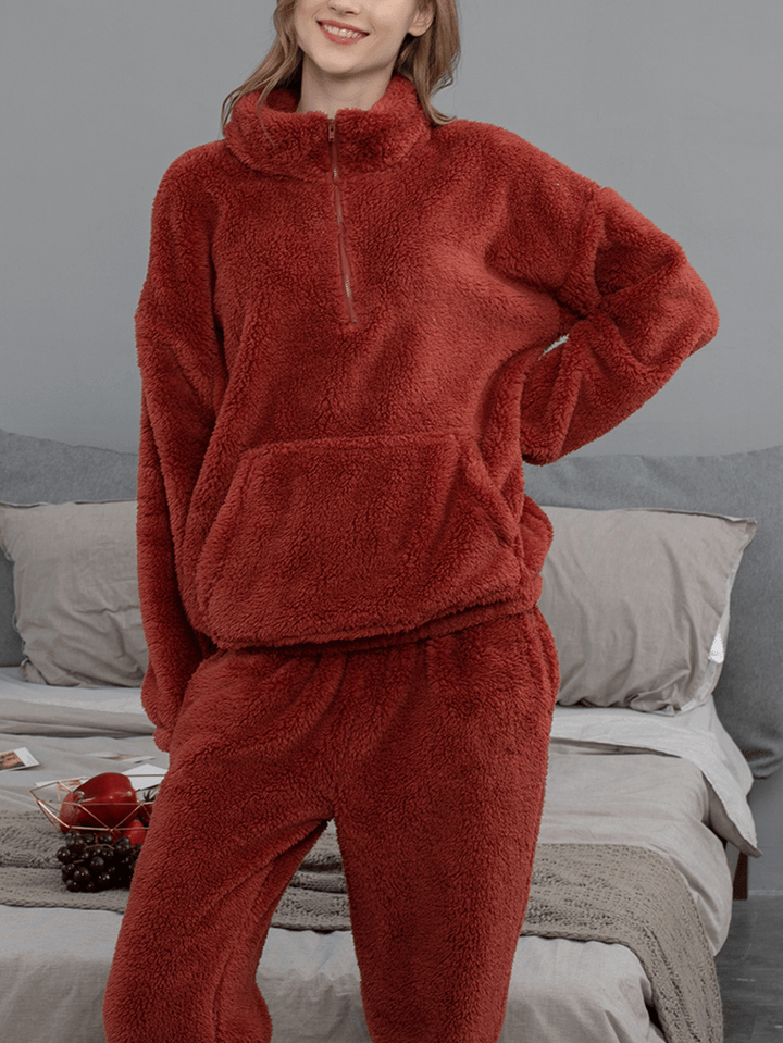 Women Solid Color Plush Fluffy Kangaroo Pocket Pullover Jogger Pants Home Pajama Set - MRSLM