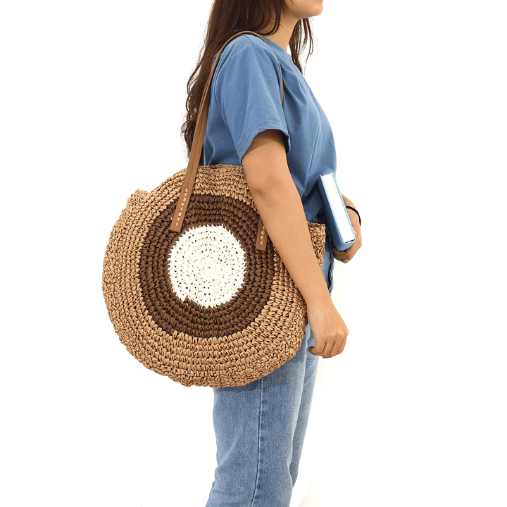 Women Beach round Straw Bag Bucket Rattan Woven Handbag Shoulder Bag Outdoor Travel - MRSLM