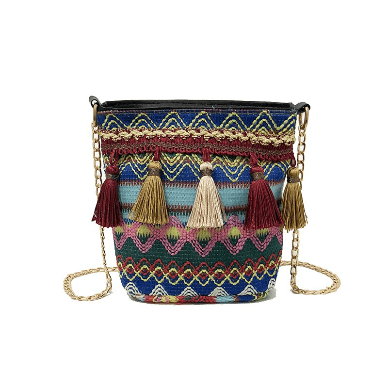 Women Weaving Tassel National Crossbody Bag Chic Bucket Bag - MRSLM