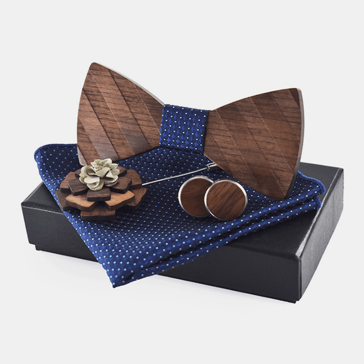 Men 4PCS Wedding Birthday Gift Set Square Scarf Cufflinks Brooch Wooden Bowtie Combo Set - MRSLM