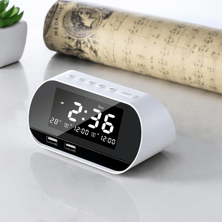 Dual Home FM 2 Puertos USB Phone Charger Raido Multifunctional Alarm Clock All-In-One Design with Wireless Speaker Office Brightness Adjustable LCD Display Permanent Calendar - MRSLM