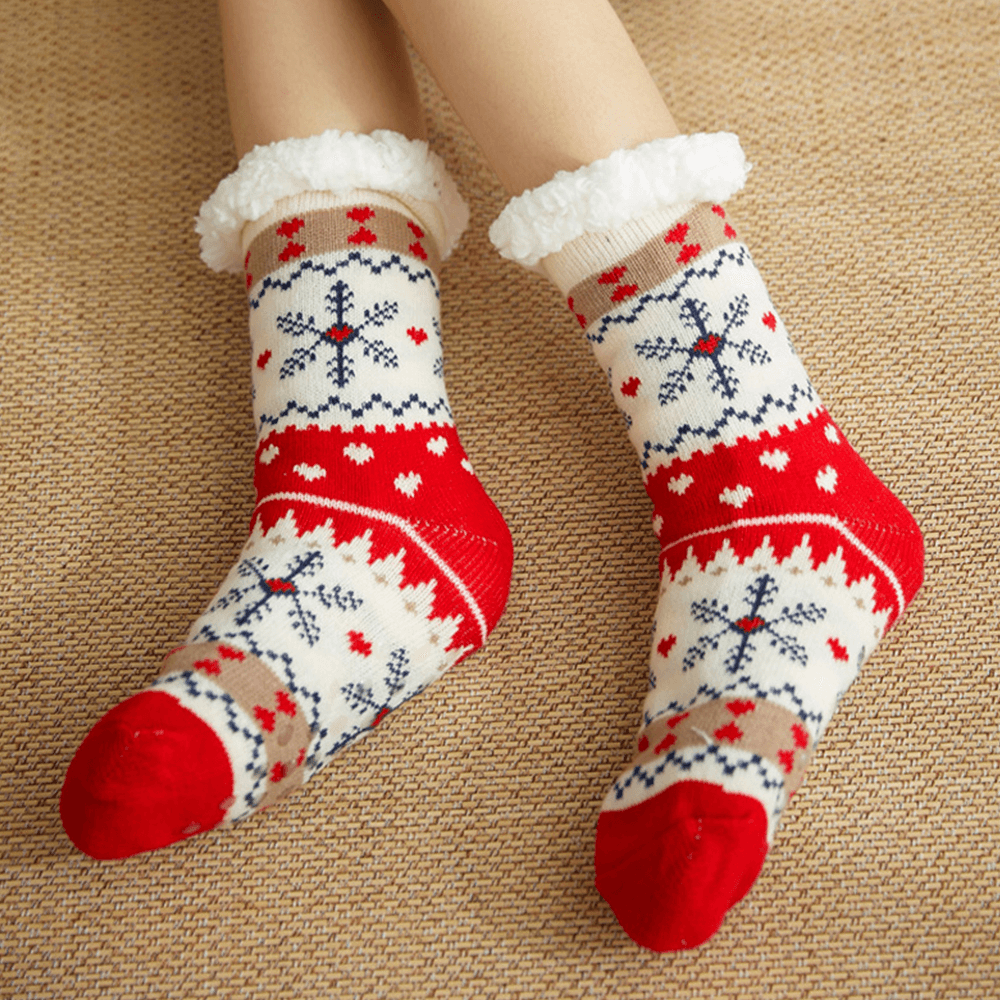 Women Warm Winter Outdoor Christmas Style Snowflake Pattern plus Velvet Thicken Home Sleep Socks Tube Socks - MRSLM