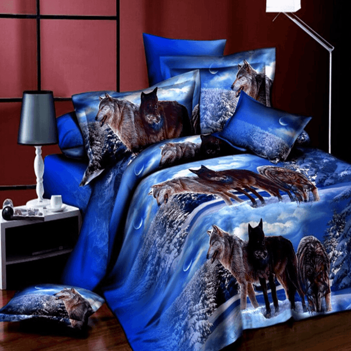 4Pcs Suit 3D Snowfield Wolf Reactive Dyeing Polyester Fiber Bedding Sets Queen Size - MRSLM