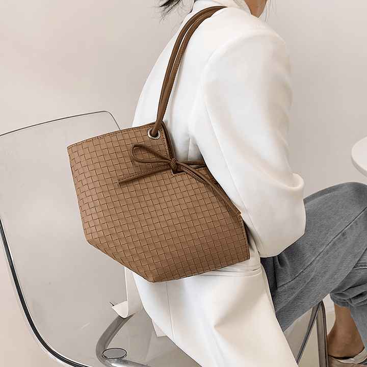 Women All-Match Tote Large Capacity Weave Pattern String Decor Shoulder Bag Handbag - MRSLM