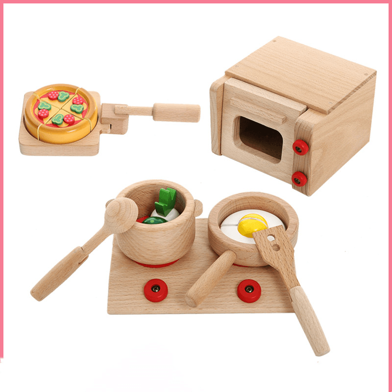 1-6 Years Old Solid Wood Wooden Simulation Microwave Oven Gas Stove Cooking Play House Toy - MRSLM