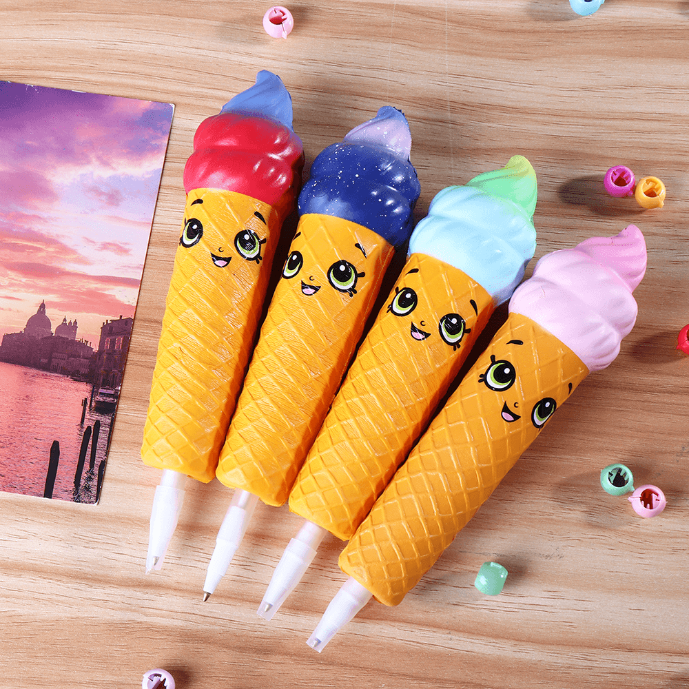 Squishy Pen Cap Smile Face Ice Cream Cone Slow Rising Jumbo with Pen Stress Relief Toys Student Office Gift - MRSLM