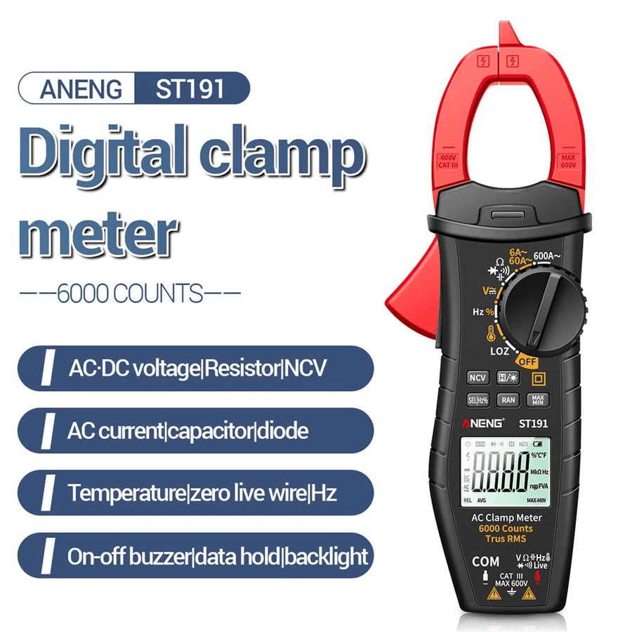 ANENG ST191 Digital Clamp Meter AC Current 6000 Counts True RMS Multimeter Ammeter Voltage Tester Car Amp Hz Capacitance NCV Ohm Test - MRSLM