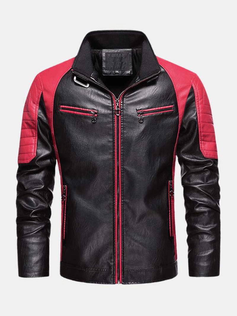 Mens Contrast Patchwork Washed Motorcycle PU Leather Jacket with Pocket - MRSLM