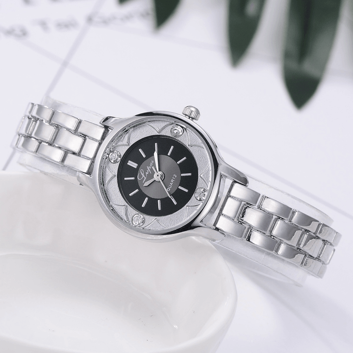 LVPAI FD1245 Flower Print Dial Ladies Bracelet Watch Alloy Diamond Quartz Watch - MRSLM