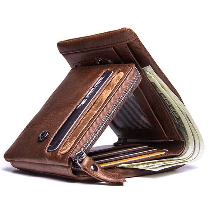 Men Genuine Leather Multifunctional Large Capacity Coin Bag 10 Card Slots Trifold Wallet - MRSLM