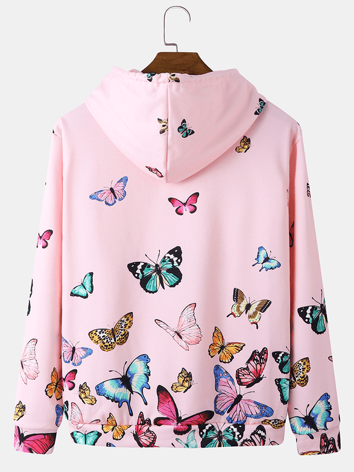 Men Butterfly Pattern Kangaroo Pocket Drawstring Hooded Sweatshirt - MRSLM