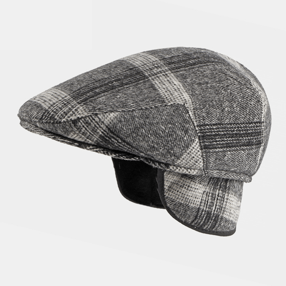 Men Felt Ear Protection Winter Outdoor Plaid Pattern Warm Universal Beret Hat Forward Hat - MRSLM