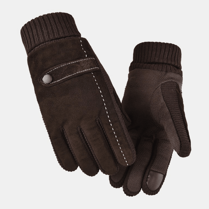 Men Leather plus Velvet Thick Screen Touchable Riding Driving Motorcycle Windproof Keep Warm Full-Finger Gloves - MRSLM