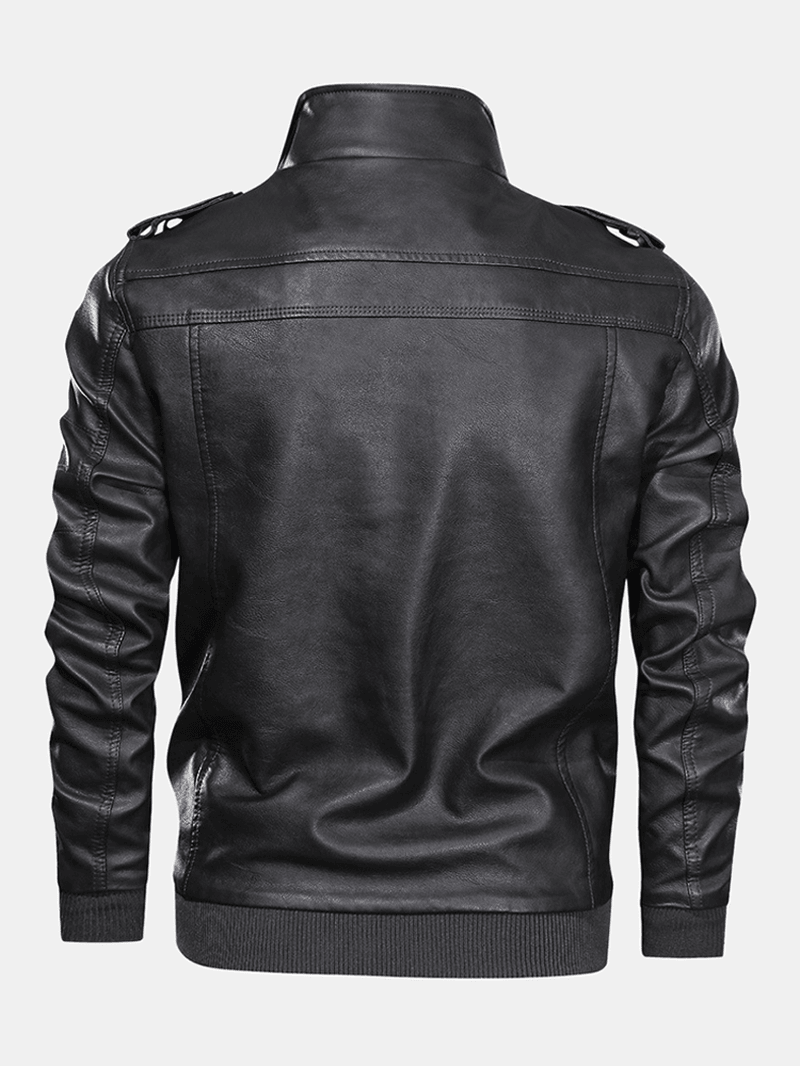 Mens Solid Color PU Leather Zip Front Biker Jackets with Multi Pockets - MRSLM