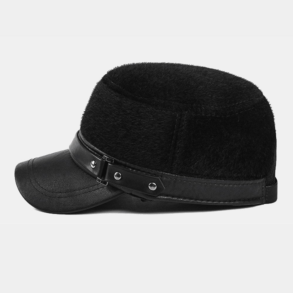 Men Artificial Mink Hair PU Brim Patchwork Rivet Decoration Built-In Ear Protection Thick Warmth Flat Cap - MRSLM