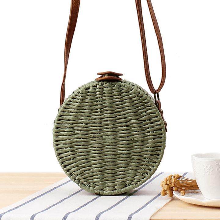 Women round Woven Straw Crossbody Bag Solid Beach Bag - MRSLM