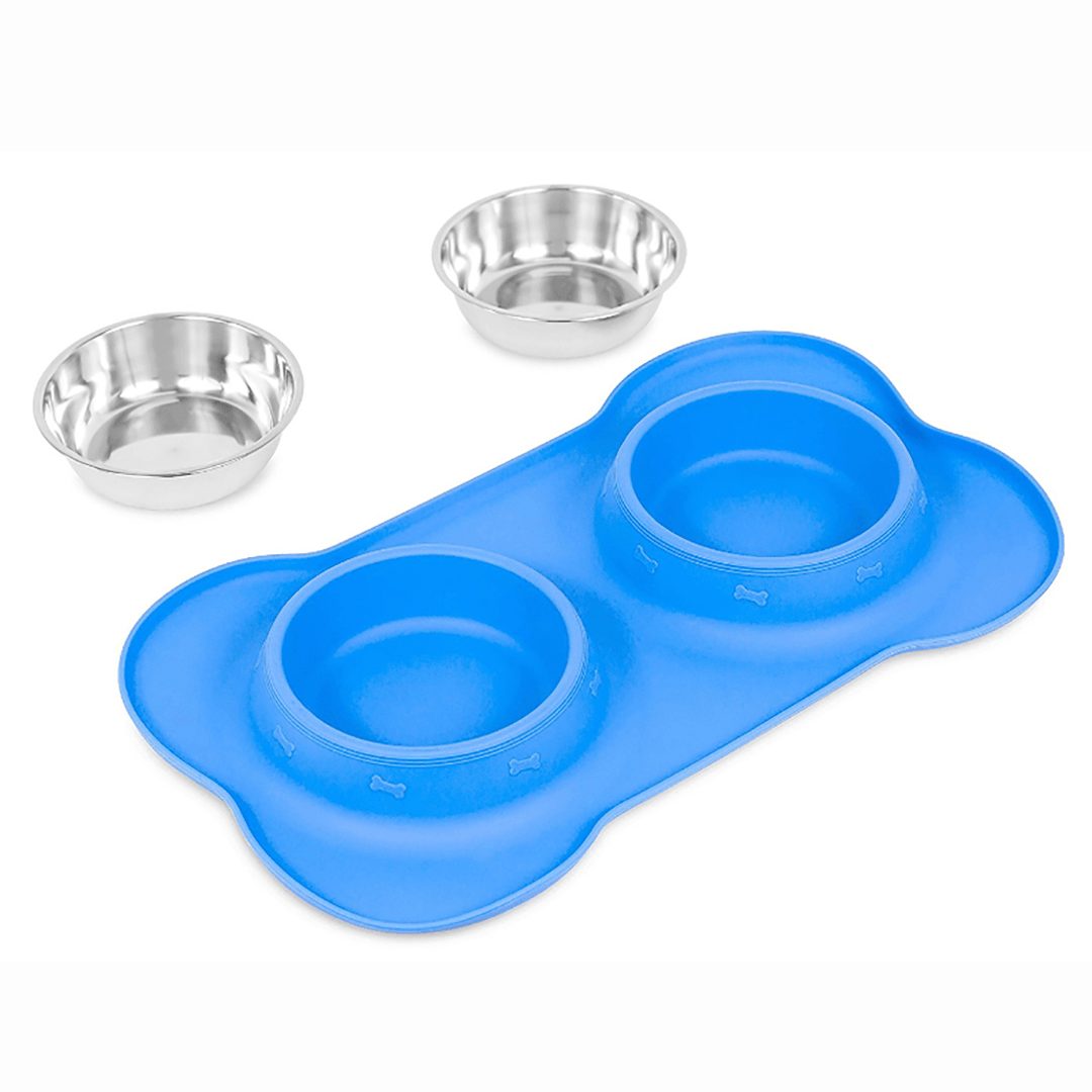 Dog Pet Bowl Stainless Steel No Spill Silicone Mat Pet Water Food Dish - MRSLM