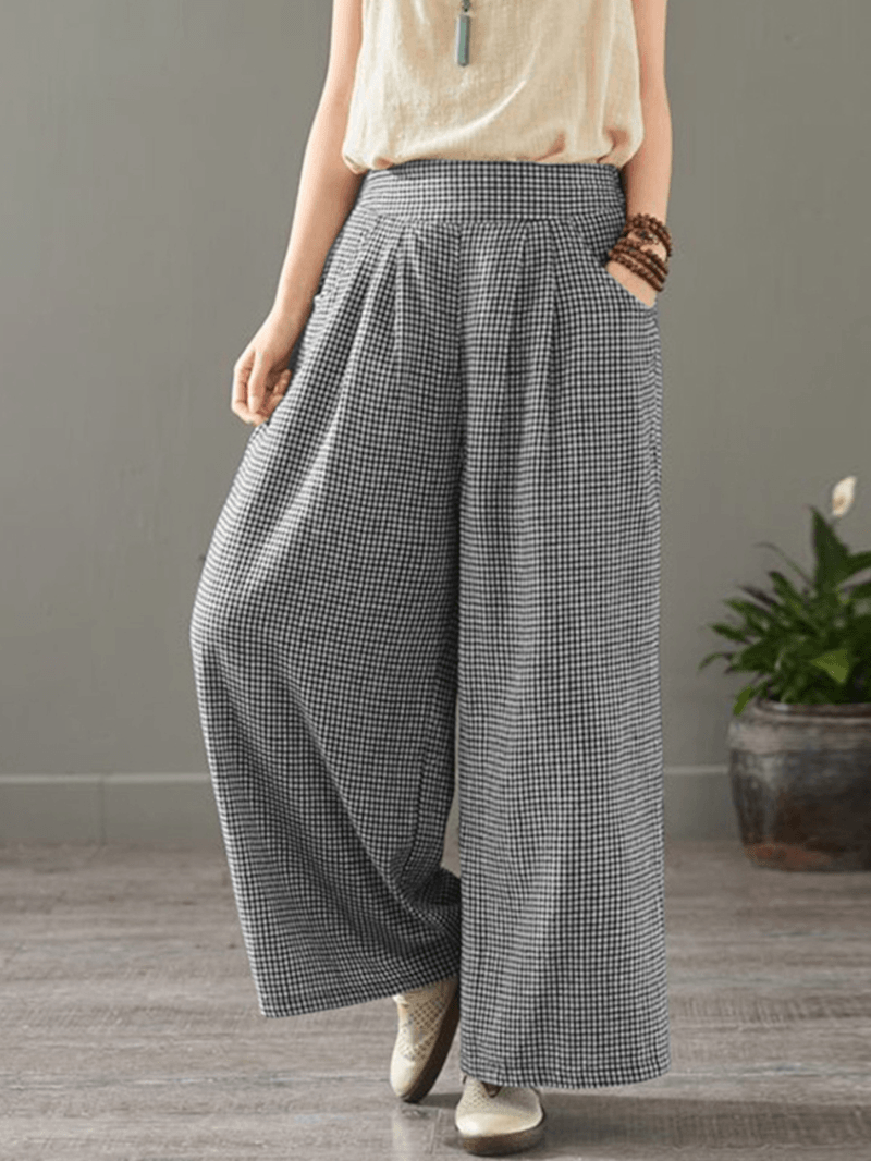 Women Plaid Print Elastic Waist Vintage Casual Loose Wide Leg Pants with Pockets - MRSLM