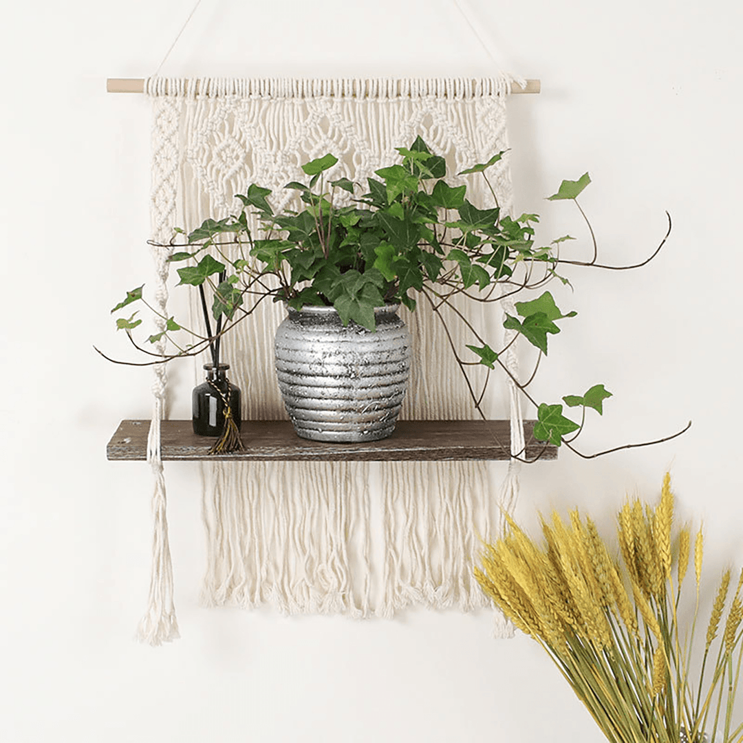 Macrame Plant Hanger Platform Basket Bohemian Hand Woven Tapestry Wood Pot Shelf - MRSLM