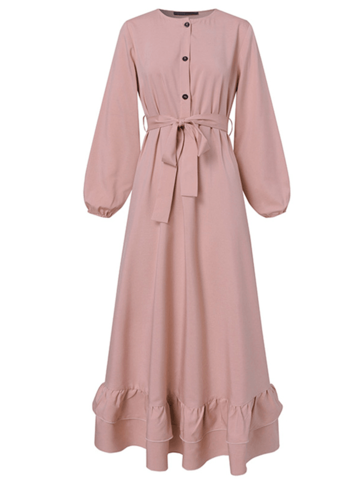 Women Long Sleeve Solid Ruffles Hem Abaya Kaftan Pleats Button Midi Dresses - MRSLM