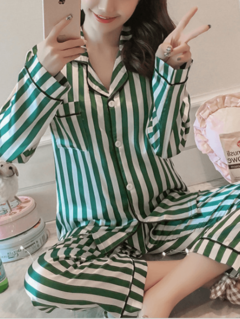 Women Striped Revere Collar Button up Long Sleeve Shirt Two Piece Pajama Set - MRSLM