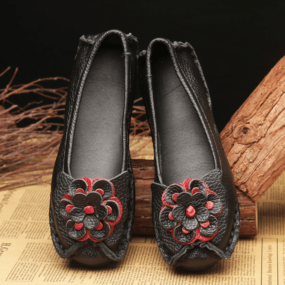 Women Shoes Casual Comfortable Floral Leather Flats - MRSLM