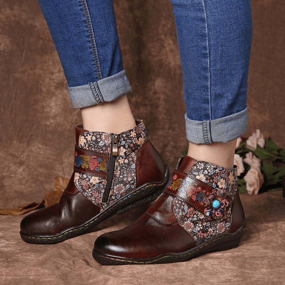 Retro Small Flowers Colorful Stitching Soft Leather Boots - MRSLM