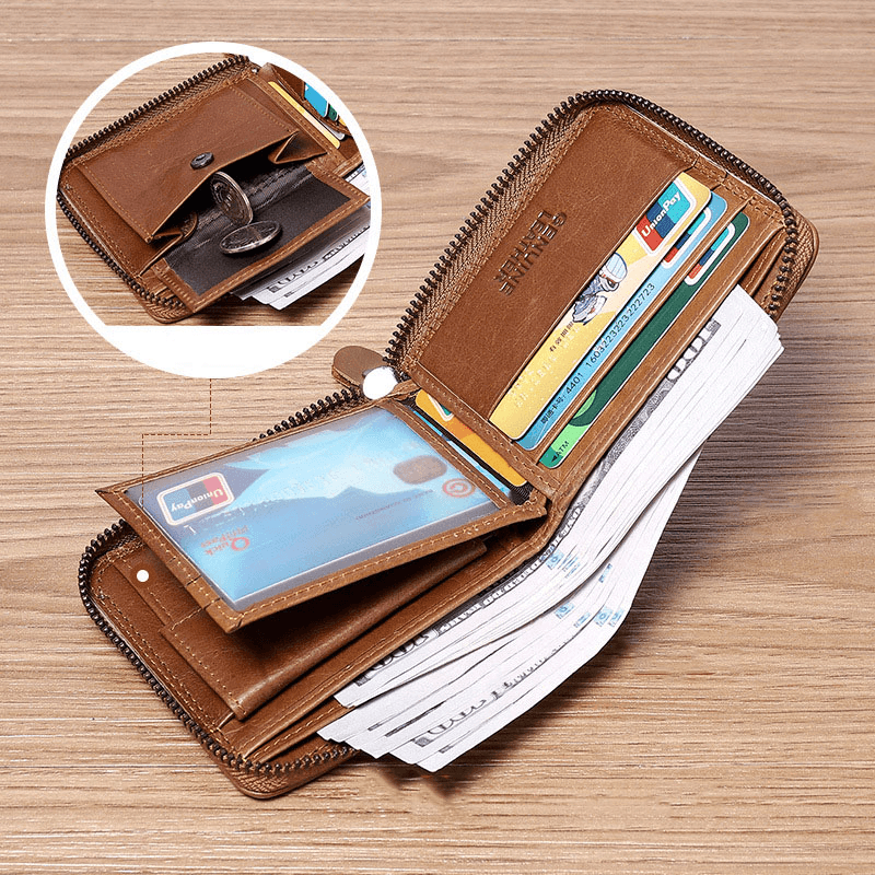 Men Genuine Leather Chain RFID Blocking Anti-Theft Zipper Multi-Slot Card Holder Wallet - MRSLM