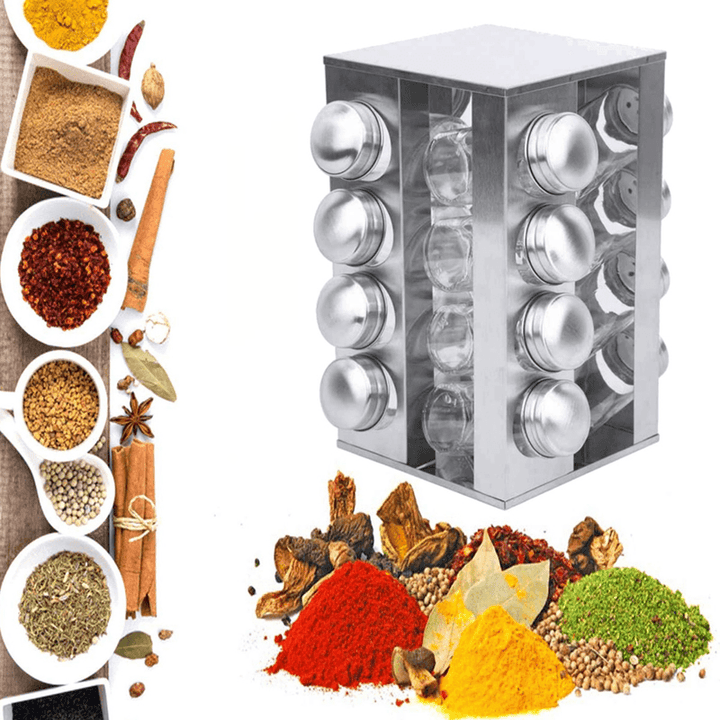 360° Stainless Steel Rotating Spice Rack Container with 16 Glass Jar Counter Kitchen Organizer Kitchen Storage - MRSLM