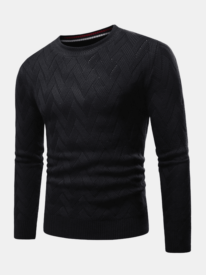 Mens Chevron Knitted Solid Color Crew Neck Slim Fit Casual Sweater - MRSLM