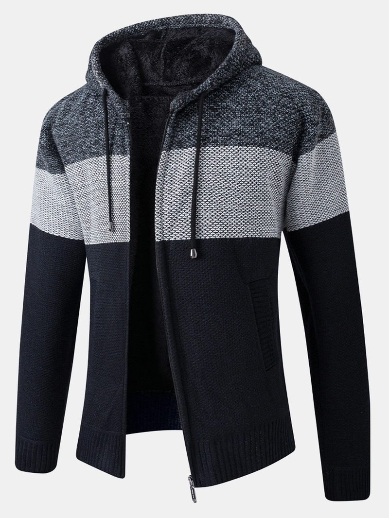 Mens Colorblock Wool Knitting Thick Warm Long Sleeve Hoodie Jacket - MRSLM