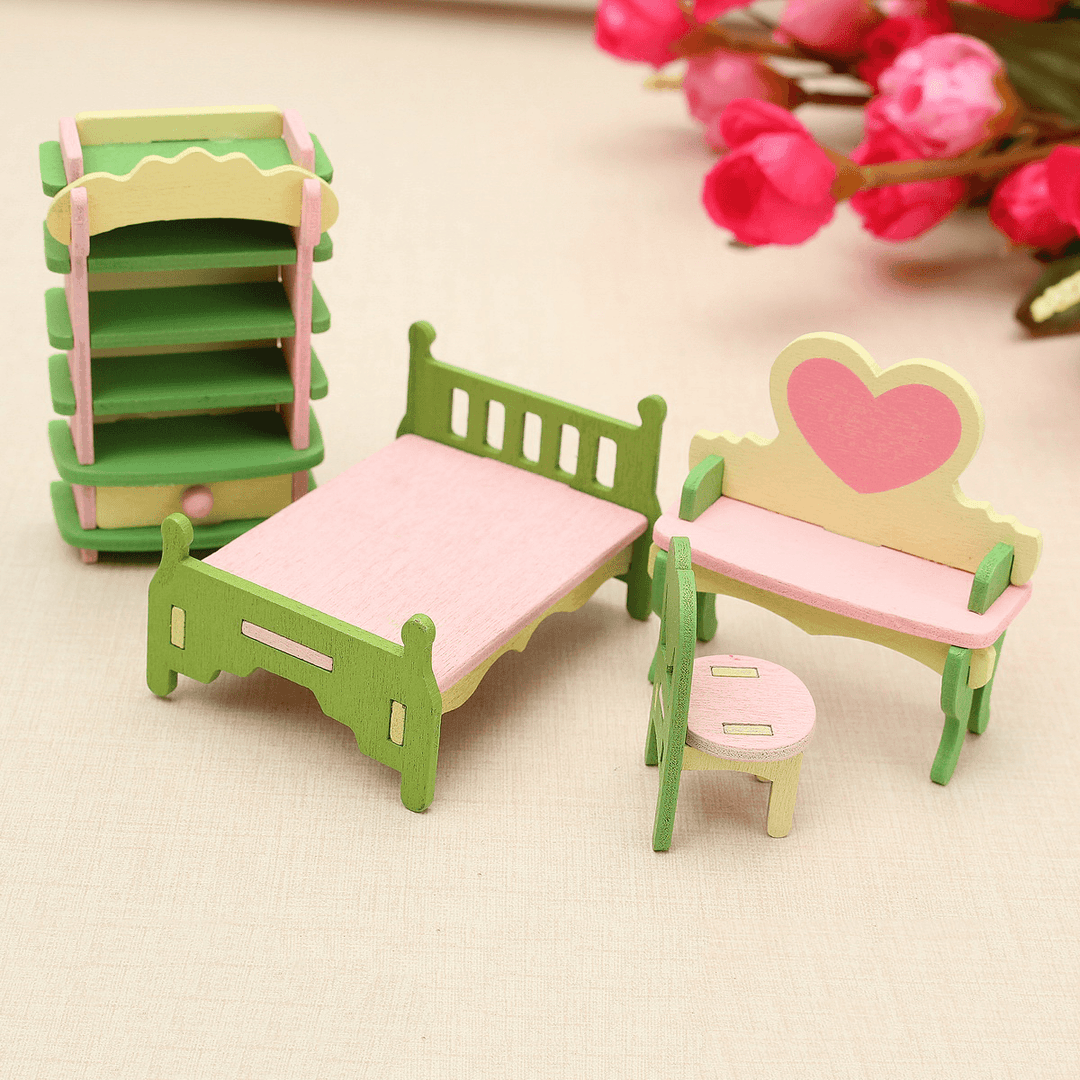 Wooden Furniture Set Doll House Miniature Room Accessories Kids Pretend Play Toy Gift Decor - MRSLM