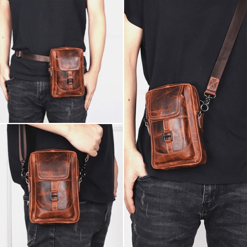 Men Genuine Leather Multifunction Lightweight Crossbody Bag Multi-Pocket Belt Bag Phone Bag - MRSLM