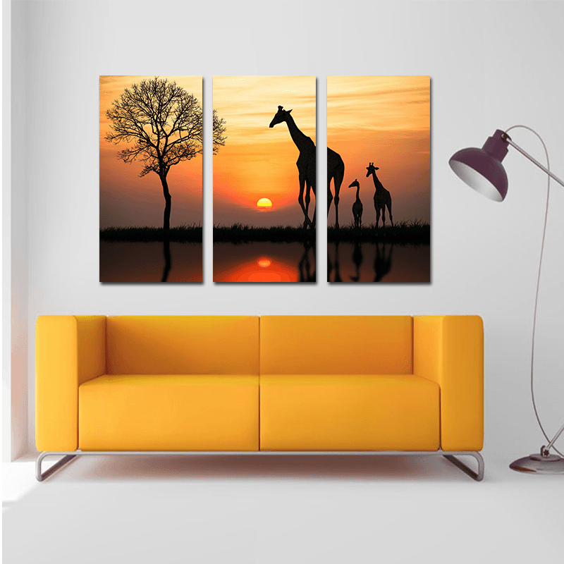 Miico Hand Painted Three Combination Decorative Paintings Giraffe in the Sunset Wall Art for Home Decoration - MRSLM