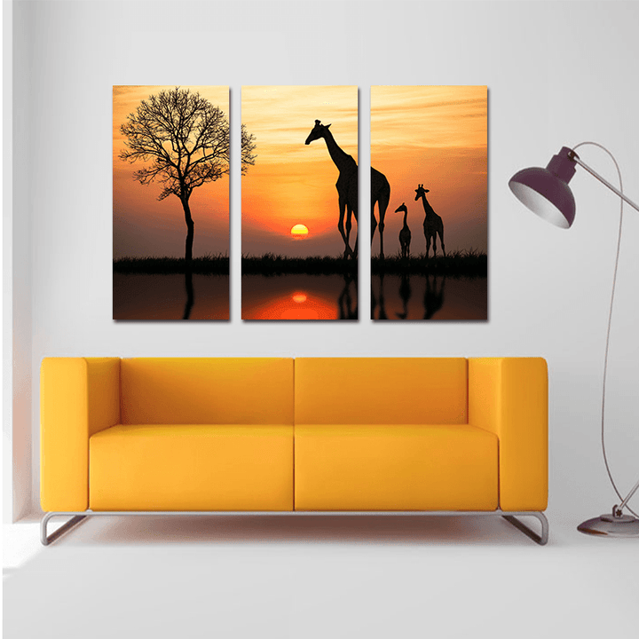 Miico Hand Painted Three Combination Decorative Paintings Giraffe in the Sunset Wall Art for Home Decoration - MRSLM