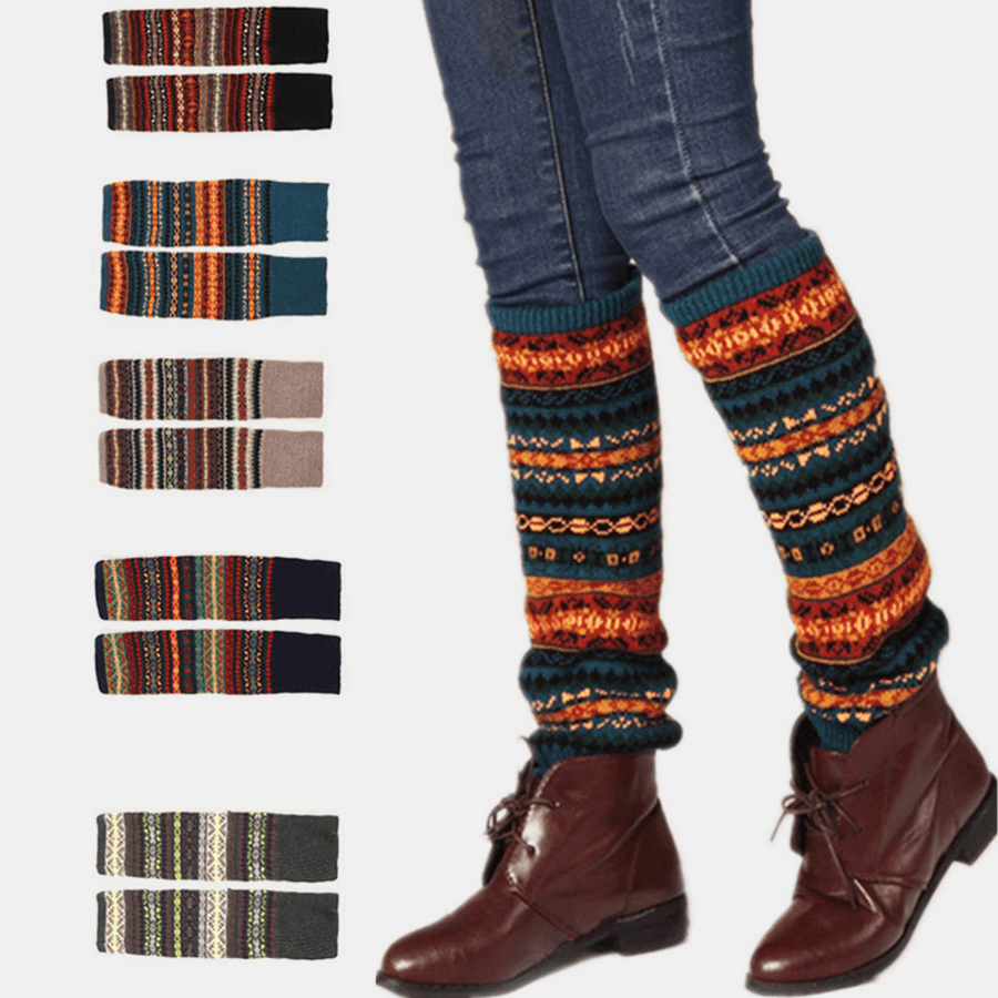 Women Wool plus Thicken Keep Warm Stripe Pattern Winter Boots Cover Leggings Socks Stockings - MRSLM