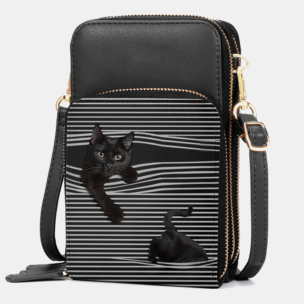 Women Faux Leather Casual Cute Black Cat and Stripes Pattern Adjustable Shoulder Bag Crossbody Bag - MRSLM