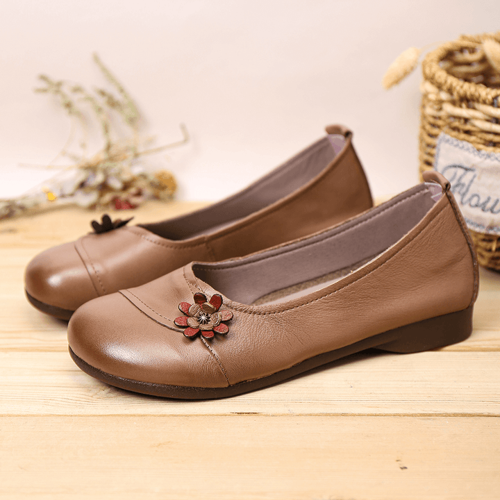 Women'S Leather Flowers Slip on Flats Loafers Shoes - MRSLM