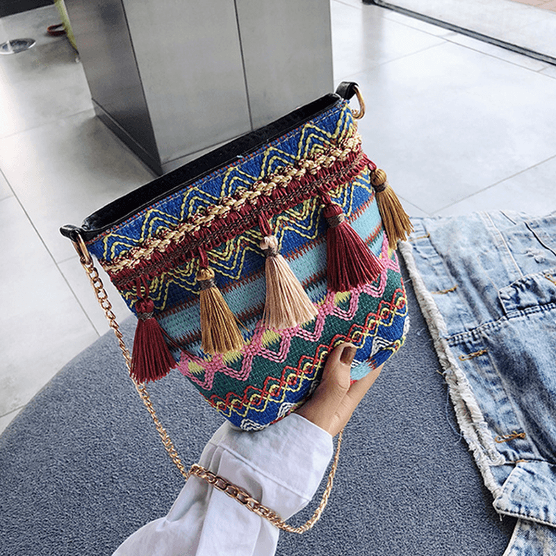 Women Weaving Tassel National Crossbody Bag Chic Bucket Bag - MRSLM