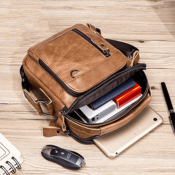 Men Multi-Pocket Genuine Leather Crossbody Bags Back Anti-Theft Pocket Design Wear-Resistant Large Capacity Messenger Bag Handbag - MRSLM