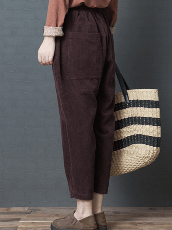 Women Elastic Waist Pocket Corduroy Pants - MRSLM