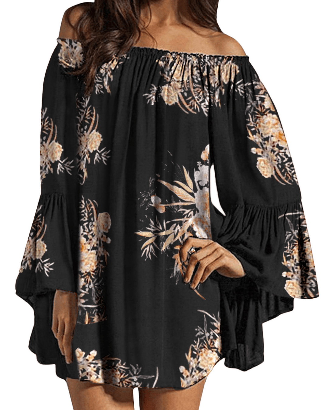 Women off Shoulder Floral Print Ruffle Sleeve Blouse Mini Dress - MRSLM